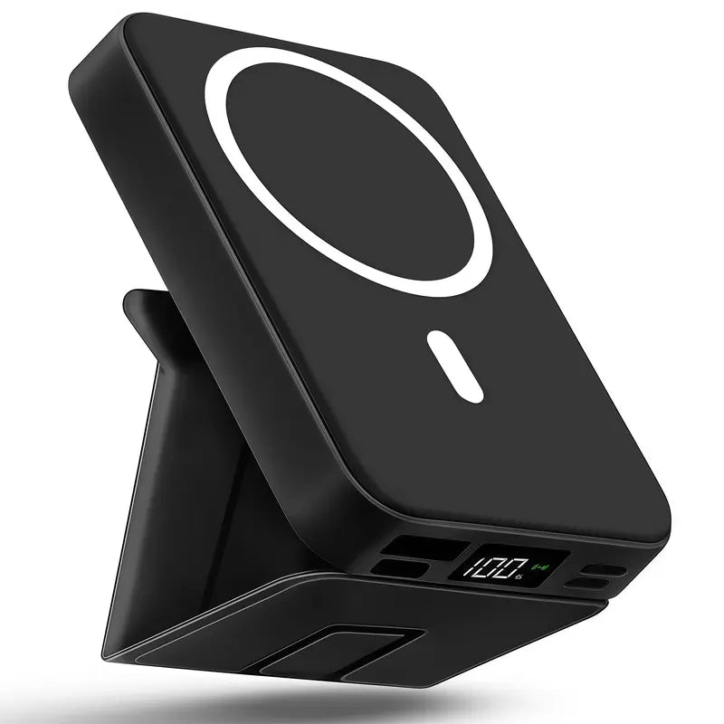 10000mAh Magnetic Power Bank – Portable Charger with Foldable Stand, LED Digital Display, Charge iPhone & Android Devices Simultaneously